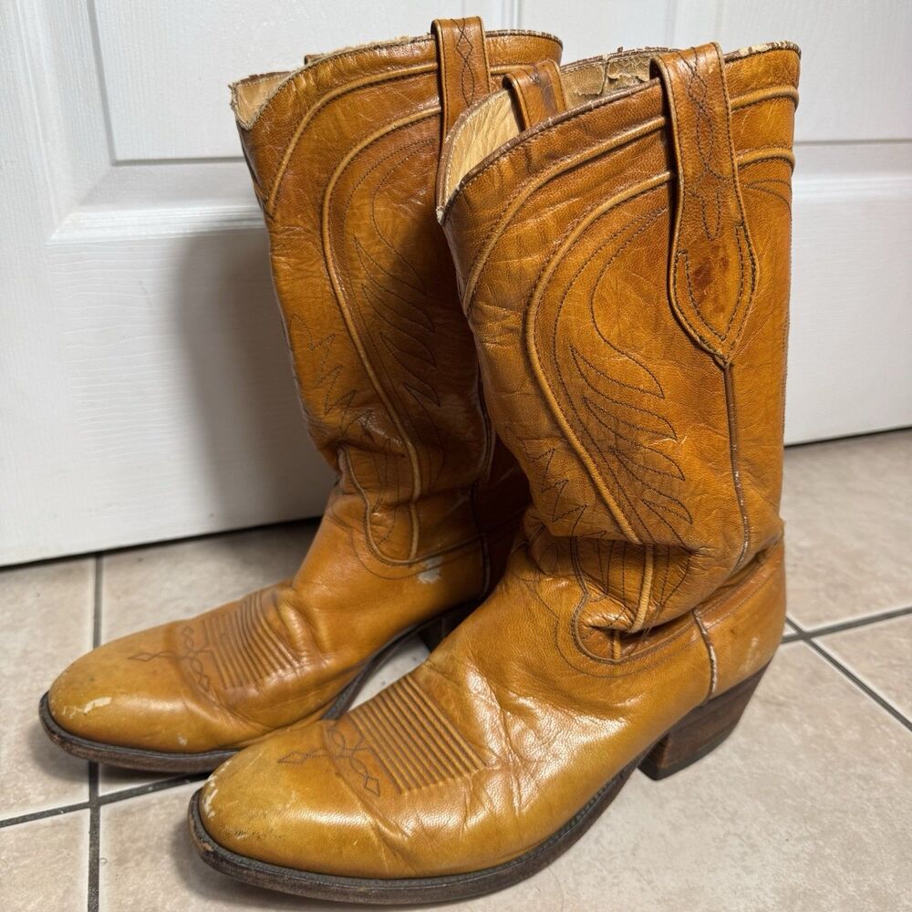 Vintage Dan Post Cowboy Boots Mens 11 D Tan Leather Western Stitched Embroidered